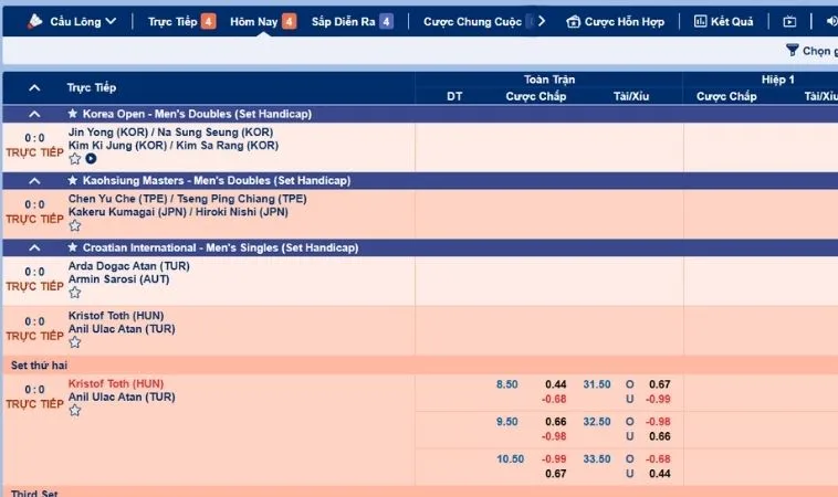 Giao diện đặt kèo cá cược Cầu Lông 88Goals