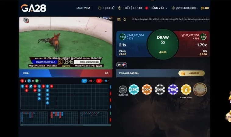 Giao diện đặt cược Đá Gà GA28 Tại 88Goals 