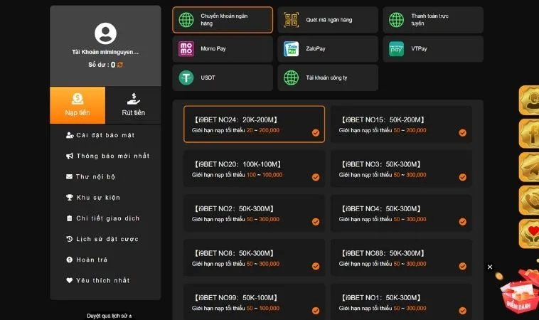 Các phương thức hỗ trợ nạp tiền 88Goals
