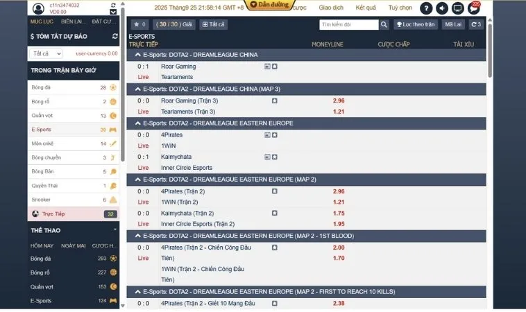 Bảng kèo cá cược Thể Thao Điện Tử 88Goals